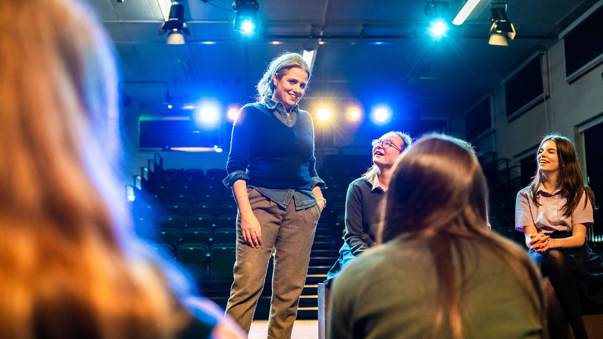 Teacher and students in drama class at Farnborough Hill School.